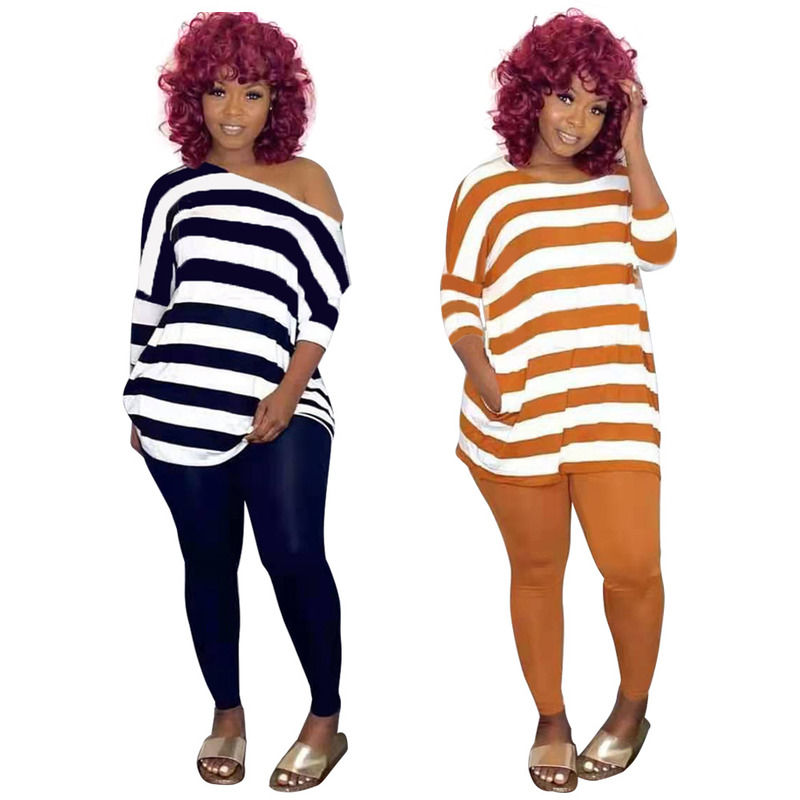 2021 Anti-UV Casual 2 Piece Set Stripe Leisure Off Shoulder Set Top And Pant Set Running Jogging Outfits 2021 Анти-Ультрафиолетовый казуальный двухкомпонентный набор