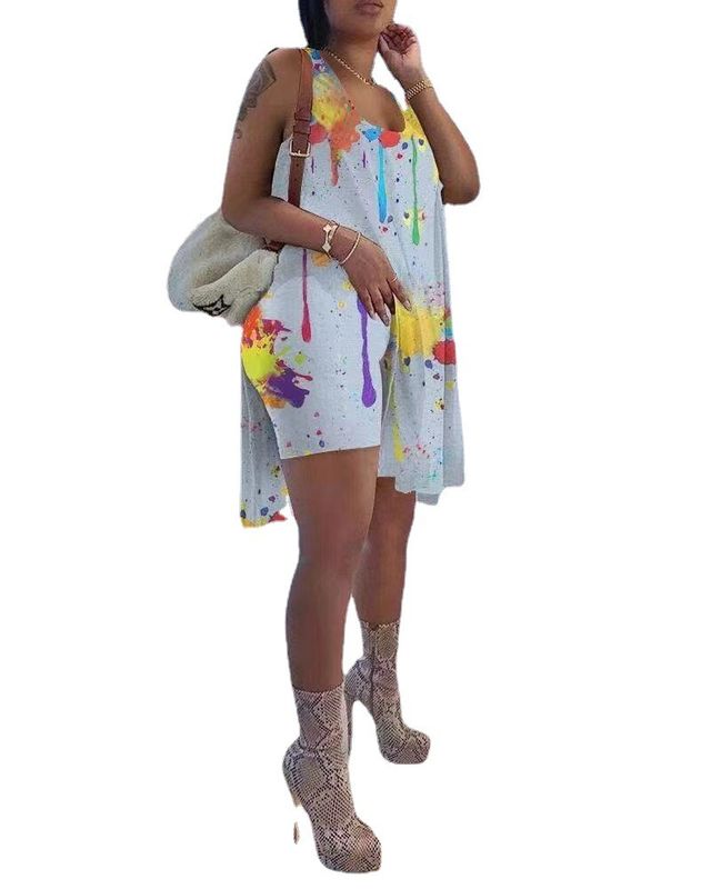 2021 Anti-UV Tie Die 2 Pieces Set Splatter-ink Printing Shorts Outfits Нерегулярный асимметричный край